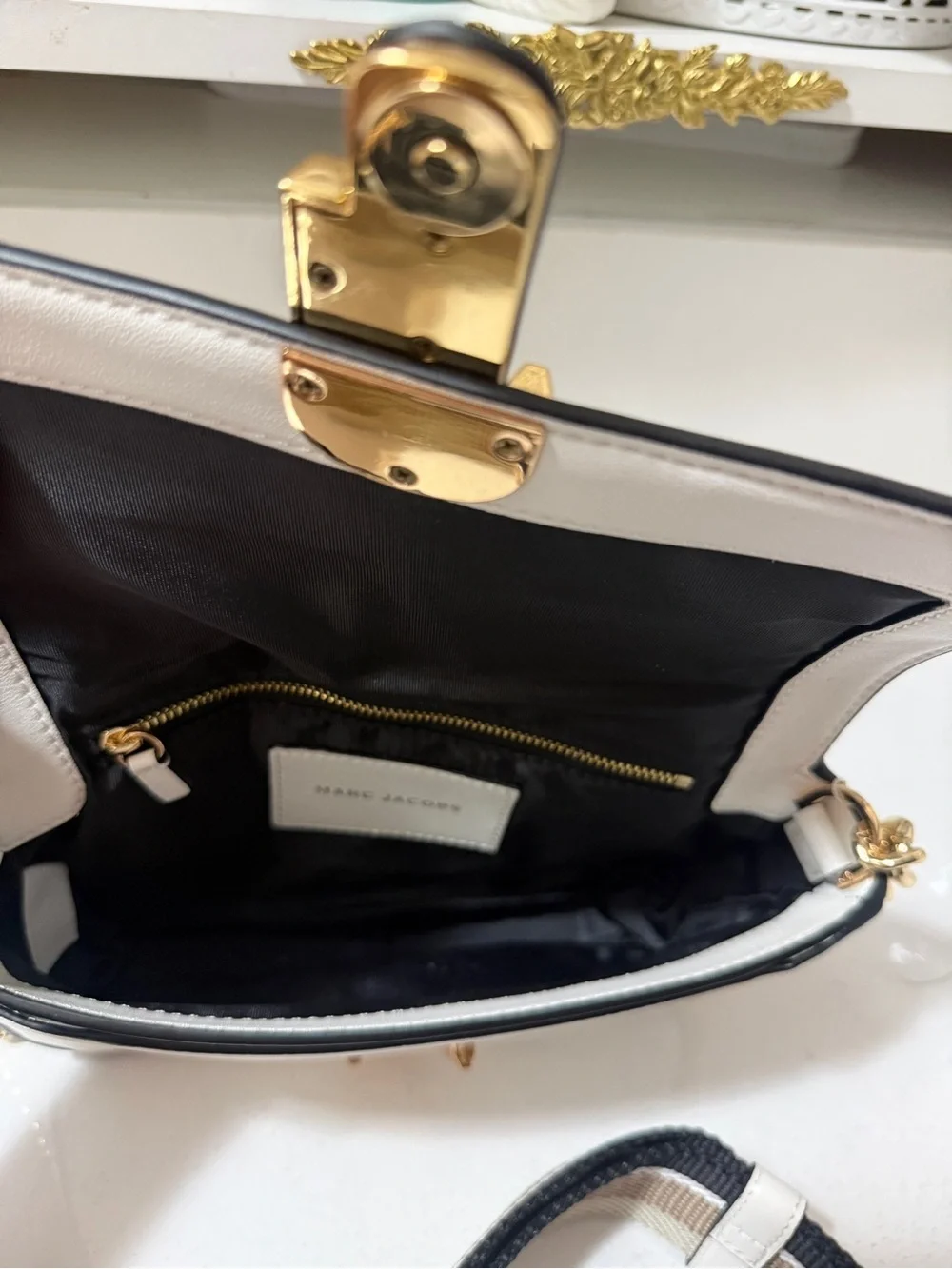 Marc Jacobs Black and Cream Crossbody Bag with Gold Chain and Detachable Strap
